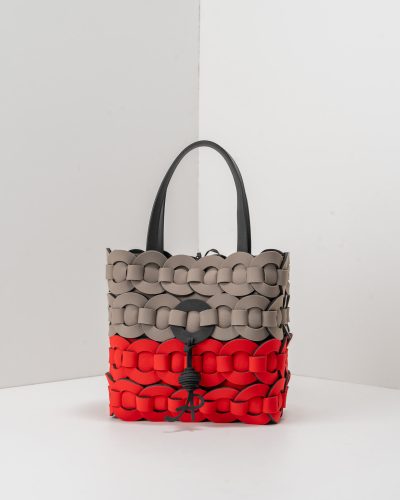 APbag Shopping Piccola Circle Bride Bicolor Intreccio - borsa lavabile effetto neoprene<span> - </span>taupe/rosso